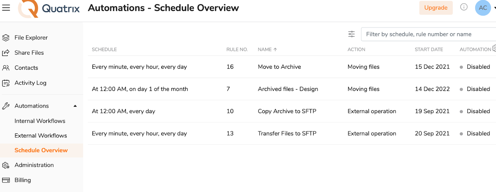 Quatrix automation schedule overview